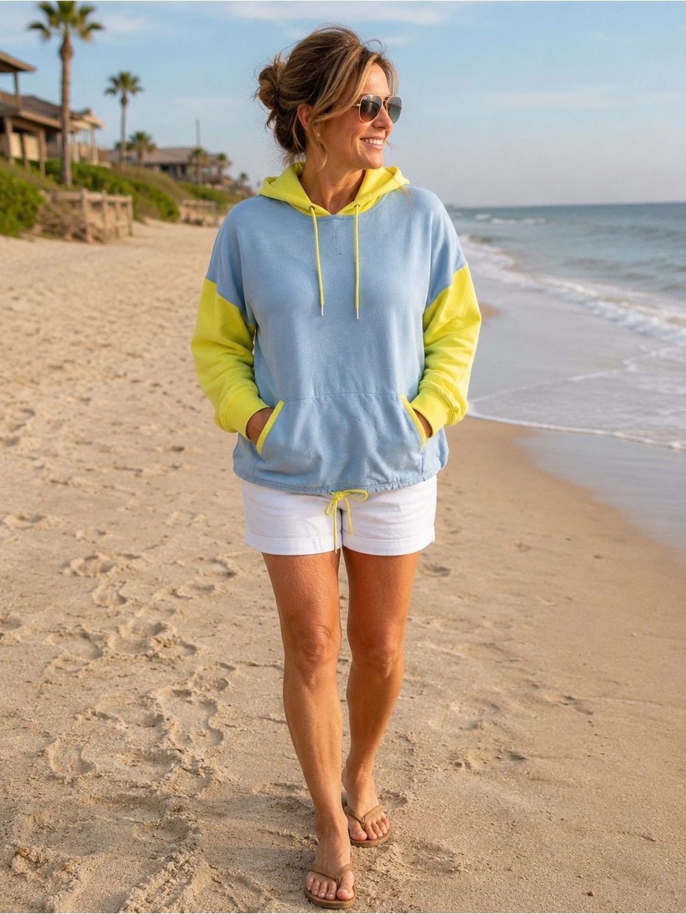 L.L. Bean Two-Tone Light Blue and Neon Yellow Hooded L Sweatshirt